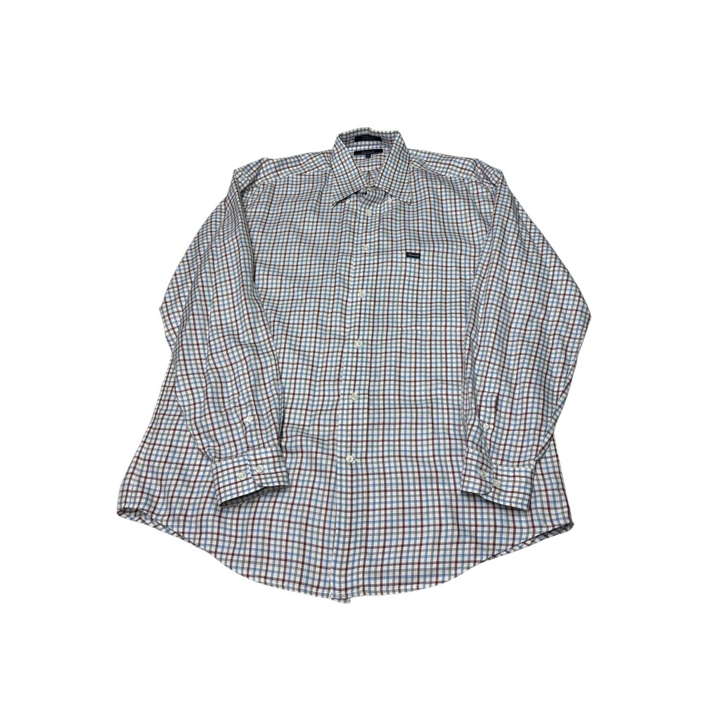 VTG Faconnable Mens L Button Down Shirt Blue Red Plaid Check Long Sleeve Cotton